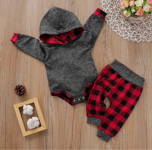 2pcs Long-sleeve Hooded Bodysuit/Onsie and Plaid Print Pants Sets